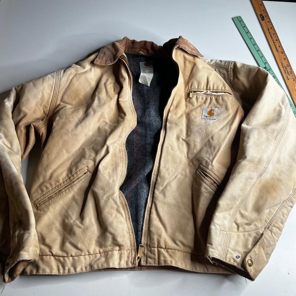 Vintage Carhartt J01 BRN Detroit Jacket Brown Blanket Lined 44 Tall Distressed
